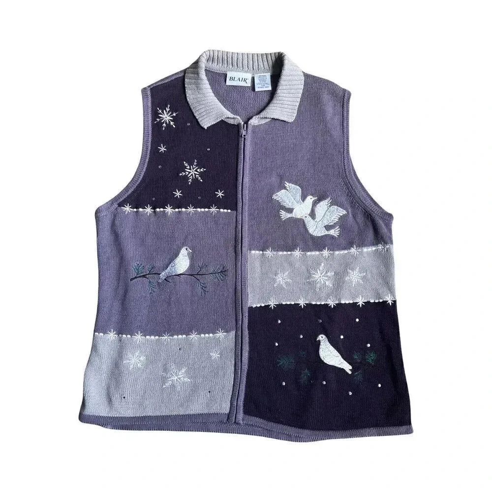 Blair Womens Purple Knit Sweater Vest Zip Up Embroidered Dove Snowflake L 47862